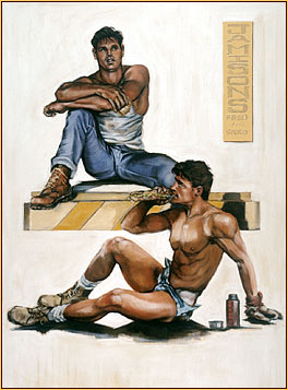 Beau original oil painting depicting a man and a male seminude