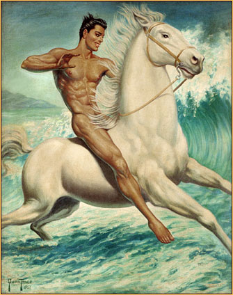 George Quaintance original oil painting depicting a male nude riding a horse