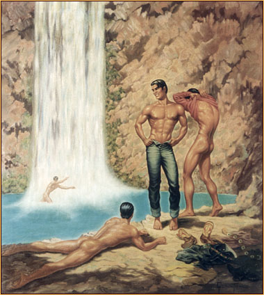 George Quaintance original oil painting depicting three male nudes and one seminude at a waterfall