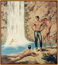 George Quaintance original oil painting depicting three male nudes and one seminude at a waterfall