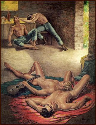 George Quaintance original oil painting depicting two male nudes and two seminudes sleeping