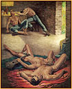 George Quaintance original oil painting depicting two male nudes and two seminudes sleeping