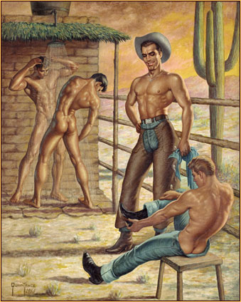 George Quaintance original oil painting depicting two male nudes showering and two seminudes undressing