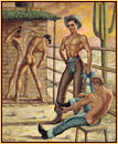 George Quaintance original oil painting depicting two male nudes showering and two seminudes undressing