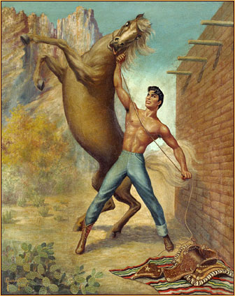 George Quaintance original oil painting depicting a male seminude taming a horse