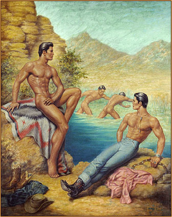 George Quaintance original oil painting depicting three male nudes and one seminude at a lake