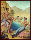 George Quaintance original oil painting depicting three male nudes and one seminude at a lake
