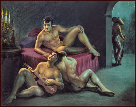 George Quaintance original oil painting depicting three male nudes relaxing and a watchman