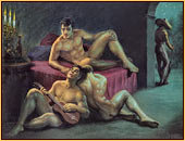 George Quaintance original oil painting depicting three male nudes relaxing and a watchman