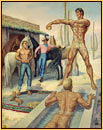 George Quaintance original oil painting depicting two male nudes bathing, one male seminude undressing, and a cowboy