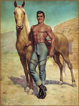 George Quaintance original oil painting depicting a male seminude posing with a horse