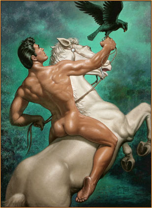 George Quaintance original oil painting depicting a male nude on a horse