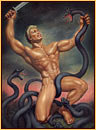 George Quaintance original oil painting depicting a male nude fighting the Hydra