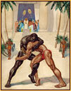 George Quaintance original oil painting depicting two male seminudes wrestling in front of a group of spectators