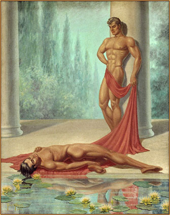 George Quaintance original oil painting depicting two male nudes resting in a park