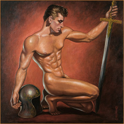 George Quaintance original oil painting depicting a male nude posing with a helmet and a sword