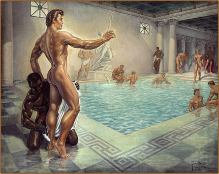 George Quaintance original oil painting depicting numerous male nudes bathing