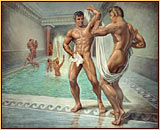 George Quaintance original oil painting depicting a group of male nudes bathing