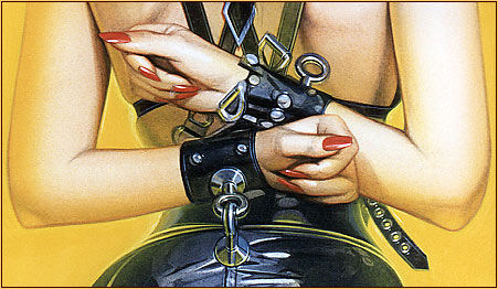 Hajime Sorajama original acrylic painting depicting a female seminude in bondage (Detail 3)