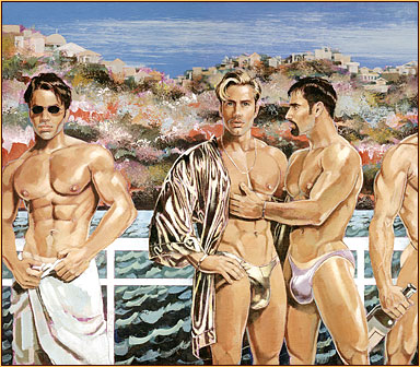 Kent original acrylic painting depicting four male seminudes