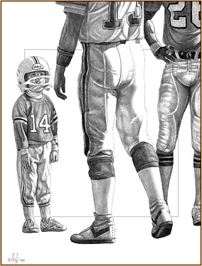 Olaf original graphite drawing depicting three football players