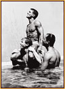 Tom Bianchi original gelatin silver print depicting three male nudes frolicking in a pool