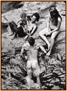 Tom Bianchi original gelatin silver print depicting two female nudes and one male nude