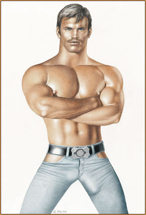 Tom of Finland original colored pencil on paper drawing depicting a male seminude in blue jeans