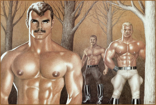 Tom of Finland original color fine art print depicting three male seminudes