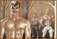 Tom of Finland original color fine art print depicting three male seminudes