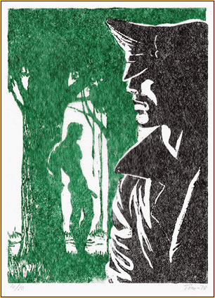 Tom of Finland original color linoleum block impression depicting a male figure in leather gear and a male nude (Signature)