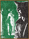 Tom of Finland original color linoleum block impression depicting a male figure in leather gear and a male nude