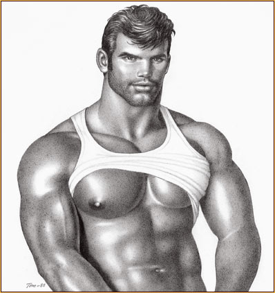 Tom of Finland original graphite on paper drawing depicting a male seminude in a tank top