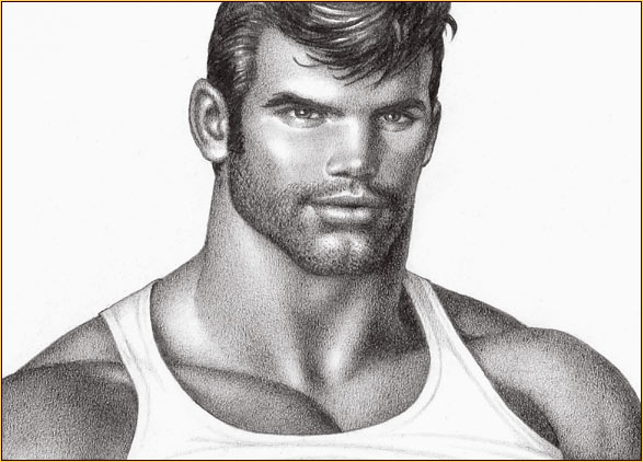 Tom of Finland original graphite on paper drawing depicting a male seminude in a tank top (Detail)