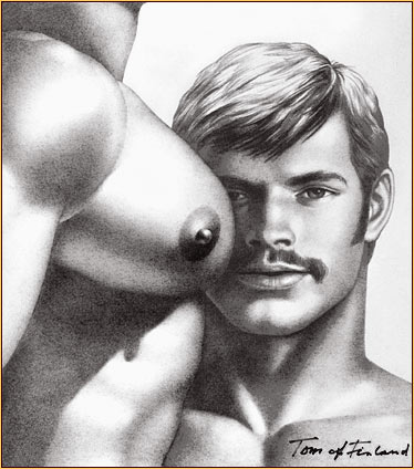 Tom of Finland original fine art print depicting the portrait of a male figure and a male seminude