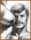 Tom of Finland original fine art print depicting the portrait of a male figure and a male seminude