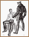 Tom of Finland original limited edition lithograph depicting a male figure in leather gear and a male seminude with a tattoo