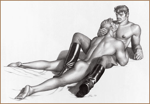 Tom of Finland original graphite on paper drawing depicting a male seminude embracing a male nude