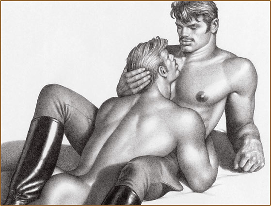 Tom of Finland original graphite on paper drawing depicting a male seminude embracing a male nude (Detail)