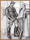 Tom of Finland original graphite on paper drawing depicting a male figure in uniform and a male seminude