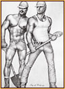 Tom of Finland original fine art print depicting two seminude construction workers