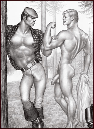 Tom of Finland original graphite on paper drawing depicting a lumberjack and a male nude