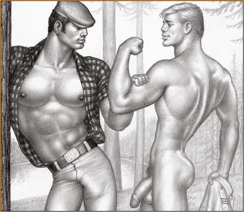 Tom of Finland original graphite on paper drawing depicting a lumberjack and a male nude (Detail)