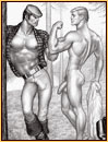 Tom of Finland original graphite on paper drawing depicting a lumberjack and a male nude