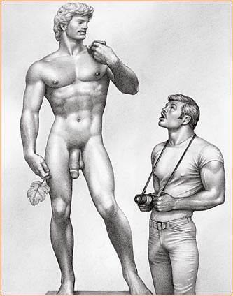 Tom of Finland original graphite on paper drawing depicting Michelangelo's David and a male tourist