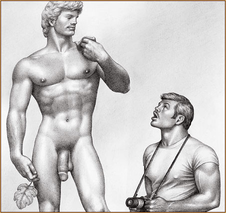 Tom of Finland original graphite on paper drawing depicting Michelangelo's David and a male tourist (Detail)