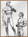 Tom of Finland original graphite on paper drawing depicting Michelangelo's David and a male tourist
