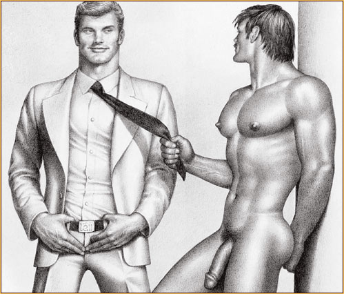 Tom of Finland original graphite on paper drawing depicting a male nude and a male figure in a suit (Detail)