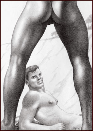 Tom of Finland original graphite on paper drawing depicting two male nudes