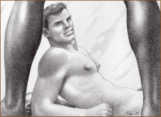 Tom of Finland original graphite on paper drawing depicting two male nudes (Detail)